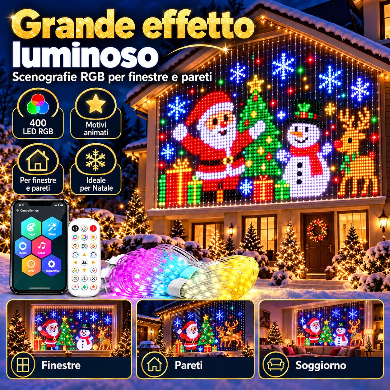 Tenda 400 RGB LED Natalizia Animata, Effetti RGB per Casa e Feste (3m*3m)