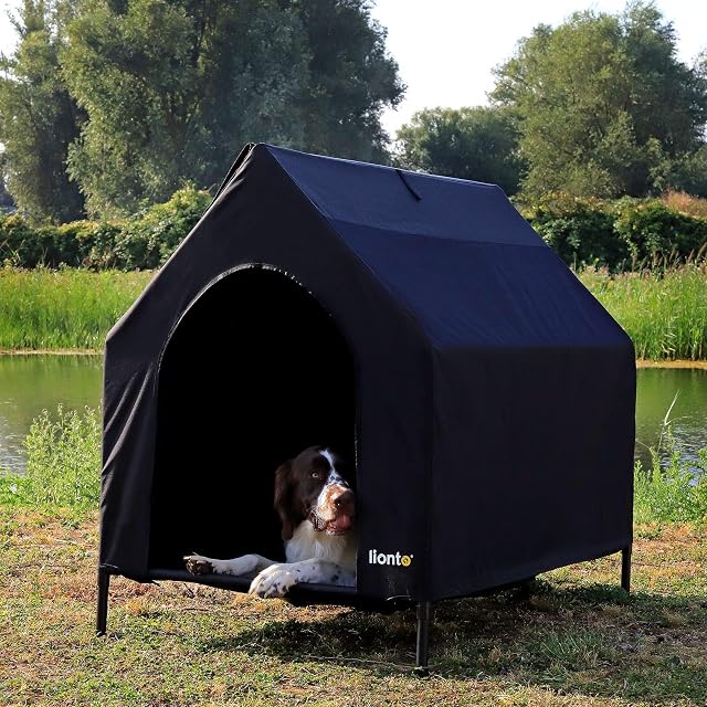 Foto 2 de 7 de lionto Cama para Perros Cubierta Cama elevada con Techo para Perros, (L) 130x85x113 cm Negro