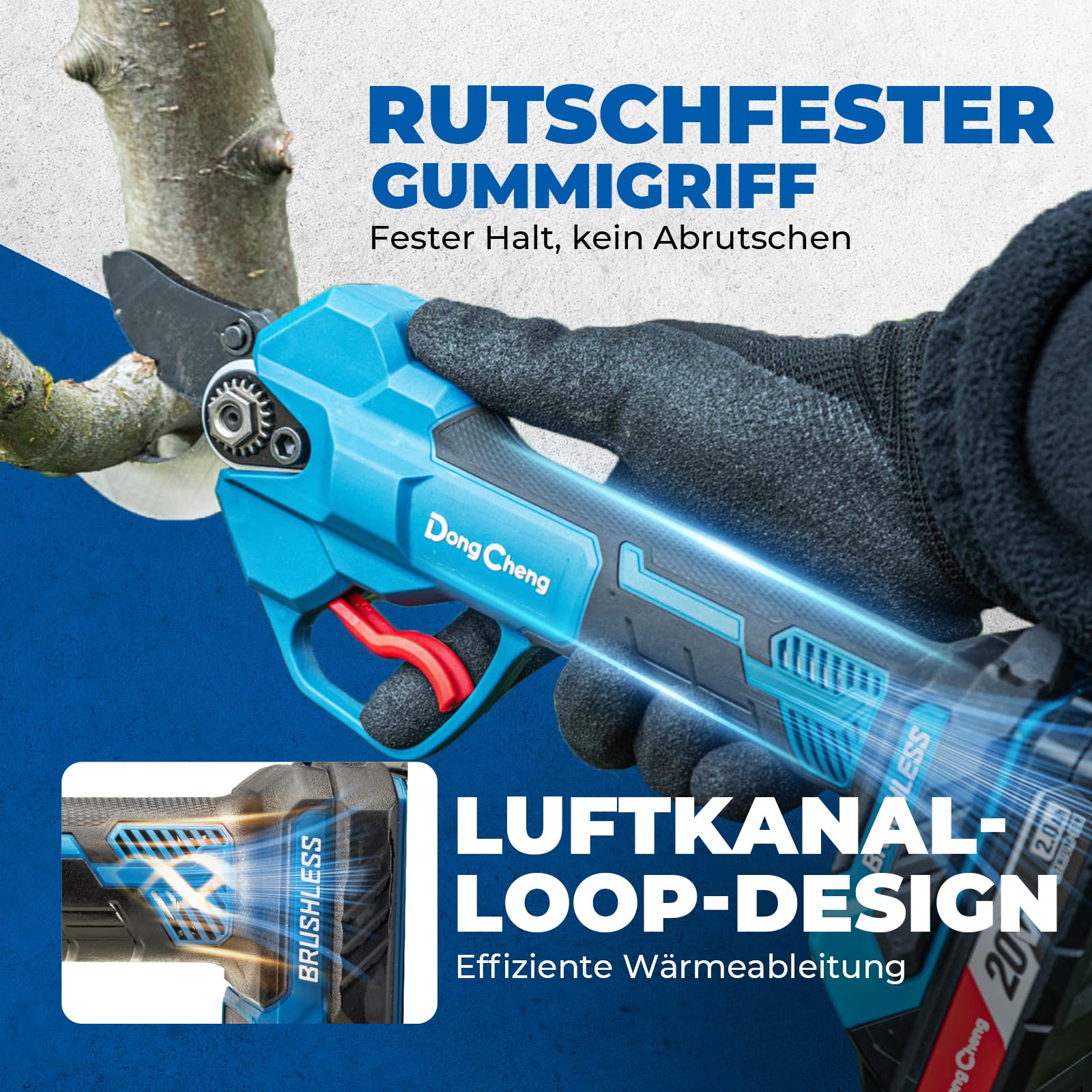 Dong Cheng Akku Astschere mit 2x 2,0Ah Akkus, Bürstenloser Motor, 4 Gänge bis 35 mm, 20V Akku Gartenschere, SK5-Klinge - für Obstbäume, Gartenpflege, Sträucher