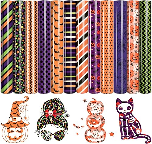 Tintnut Halloween HTV - 12 hojas de vinilo de transferencia de calor de 12 x 10 pulgadas, color naranja, morado, verde, vinilo para planchar en