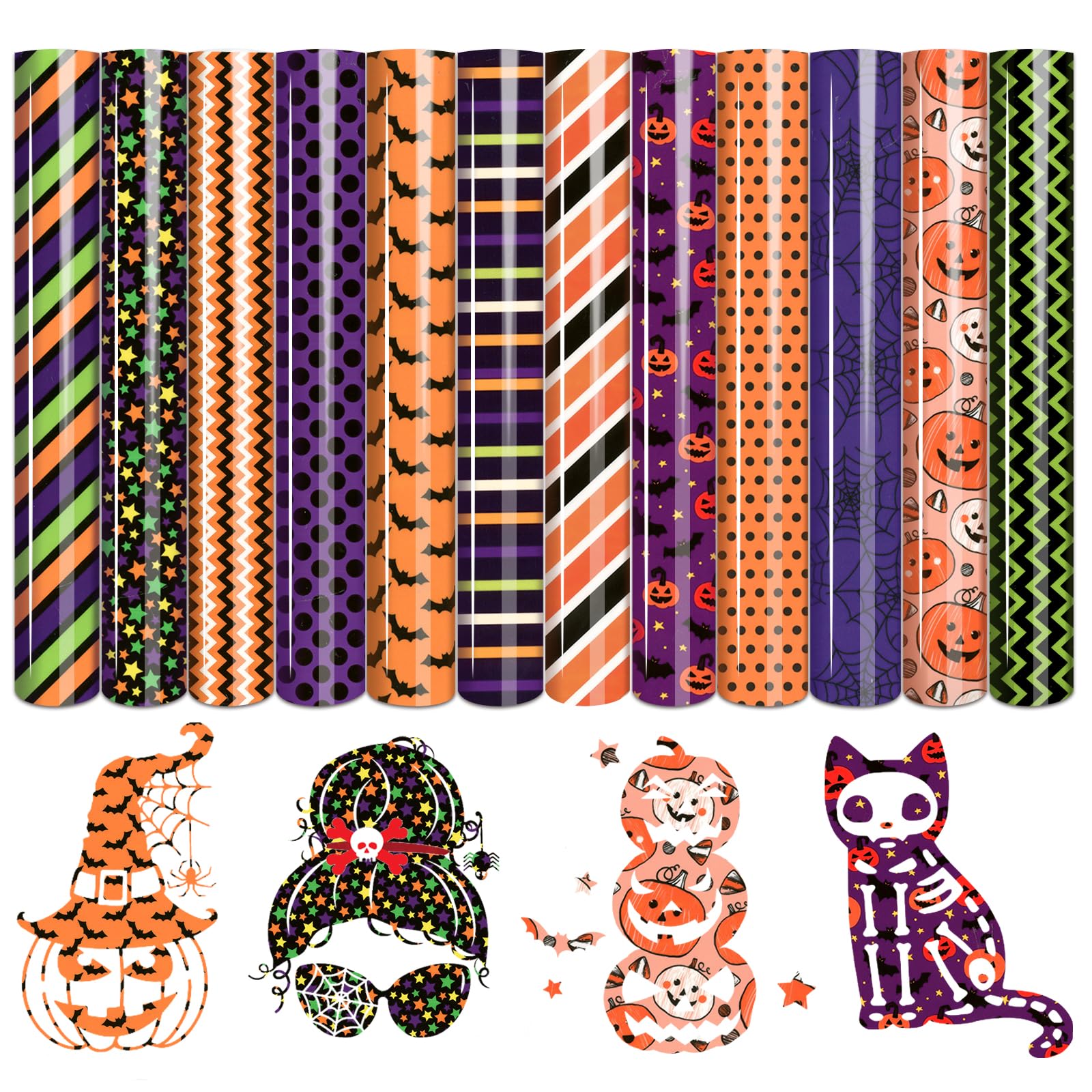 Best Cricut Supplies for DIY Halloween Projects 6 Tintnut Halloween heat transfer vinyl 10 sheets orange purple green PU HTV with pumpkins and bats artwork