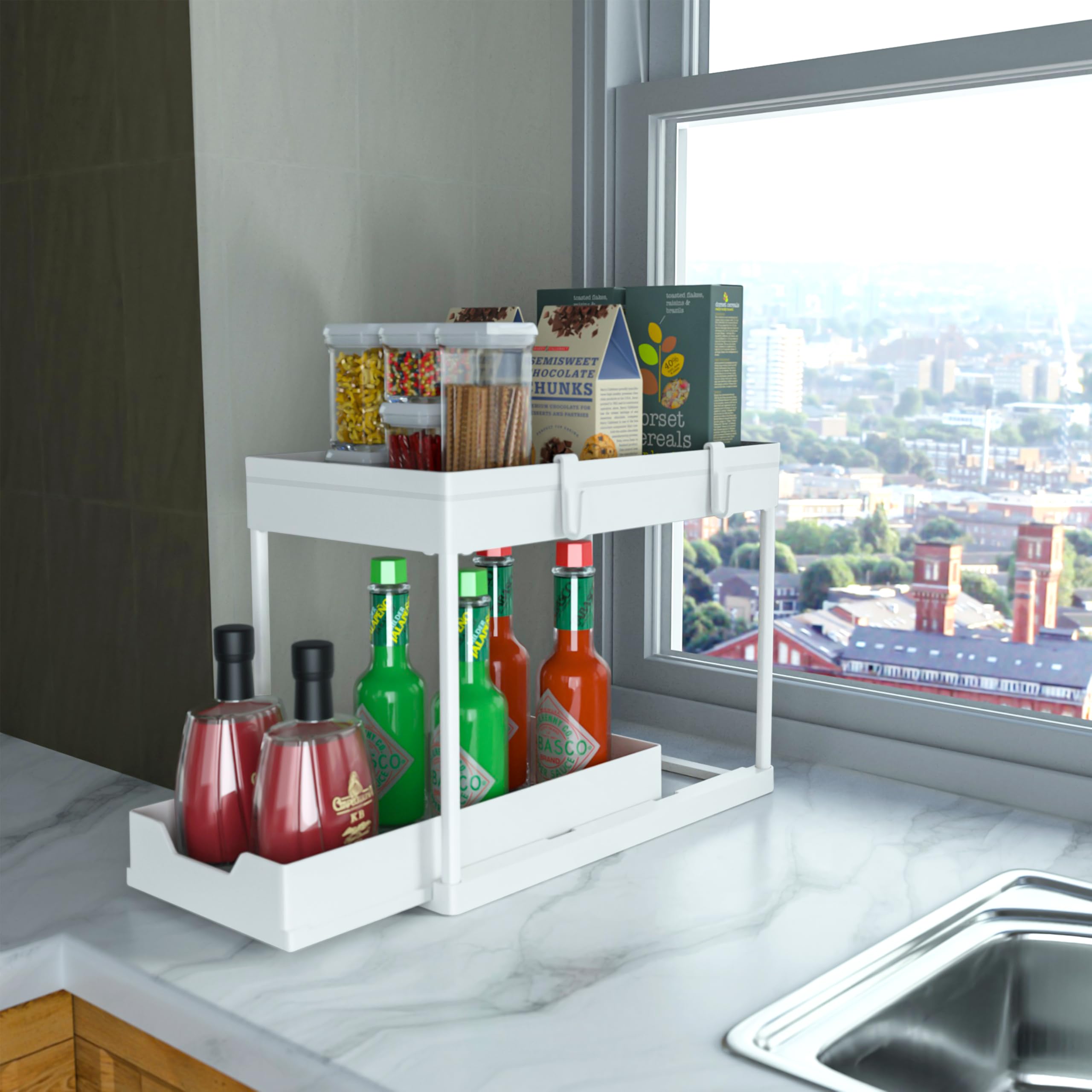 DEKAVA Armadietto, confezione da 2 organizer da sottolavello, organizer scorrevole a 2 ripiani per bagno e cucina, grandi cestini in ABS bianco, facile da installare e pulire