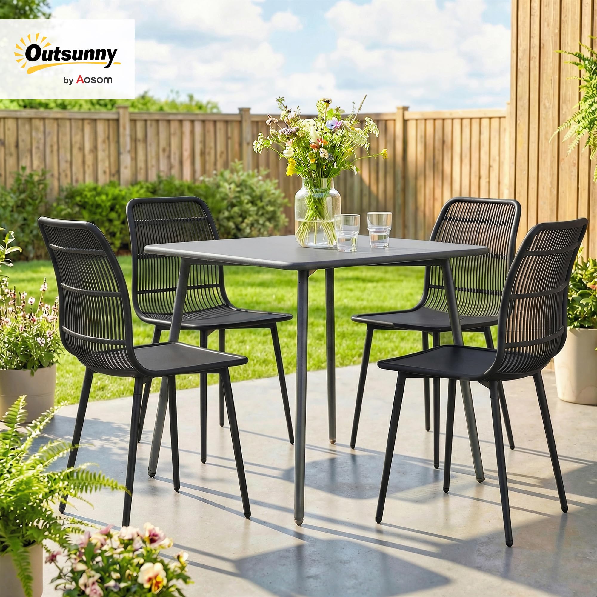 Outsunny Juego de 4 sillas de jardín de polipropileno con respaldo ergonómico, sillas para comedor de exterior de metal, para patio, balcón, terraza, exterior, 46 x 51 x 84,5 cm, negro