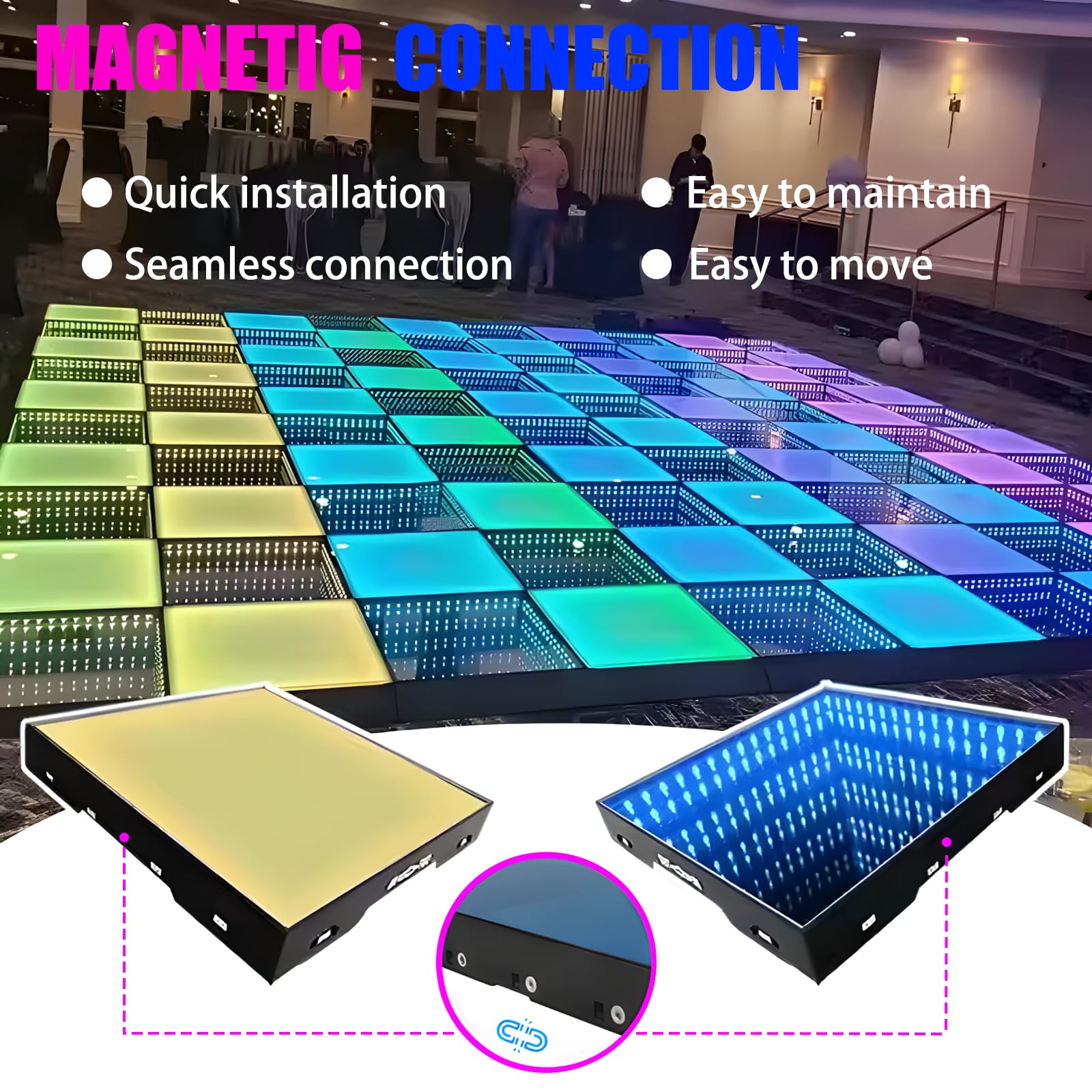 8x8FT 3D&RGB Magnetic LED Dance Floor with Infinity Mirror, Tempered Glass & Flight Case for Weddings, Parties, Nightclubs & KTV