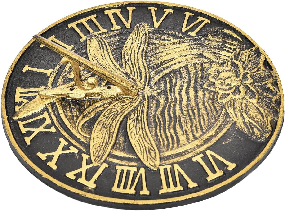 Iron Dragonfly Sundial, 10 Inch Dia Vintage Sun Dial Dragonfly & Lotus Decor, Verdigris Finish with Gold Highlights, Outdoor Decorative Clock, Pretty Garden Patio Ornament