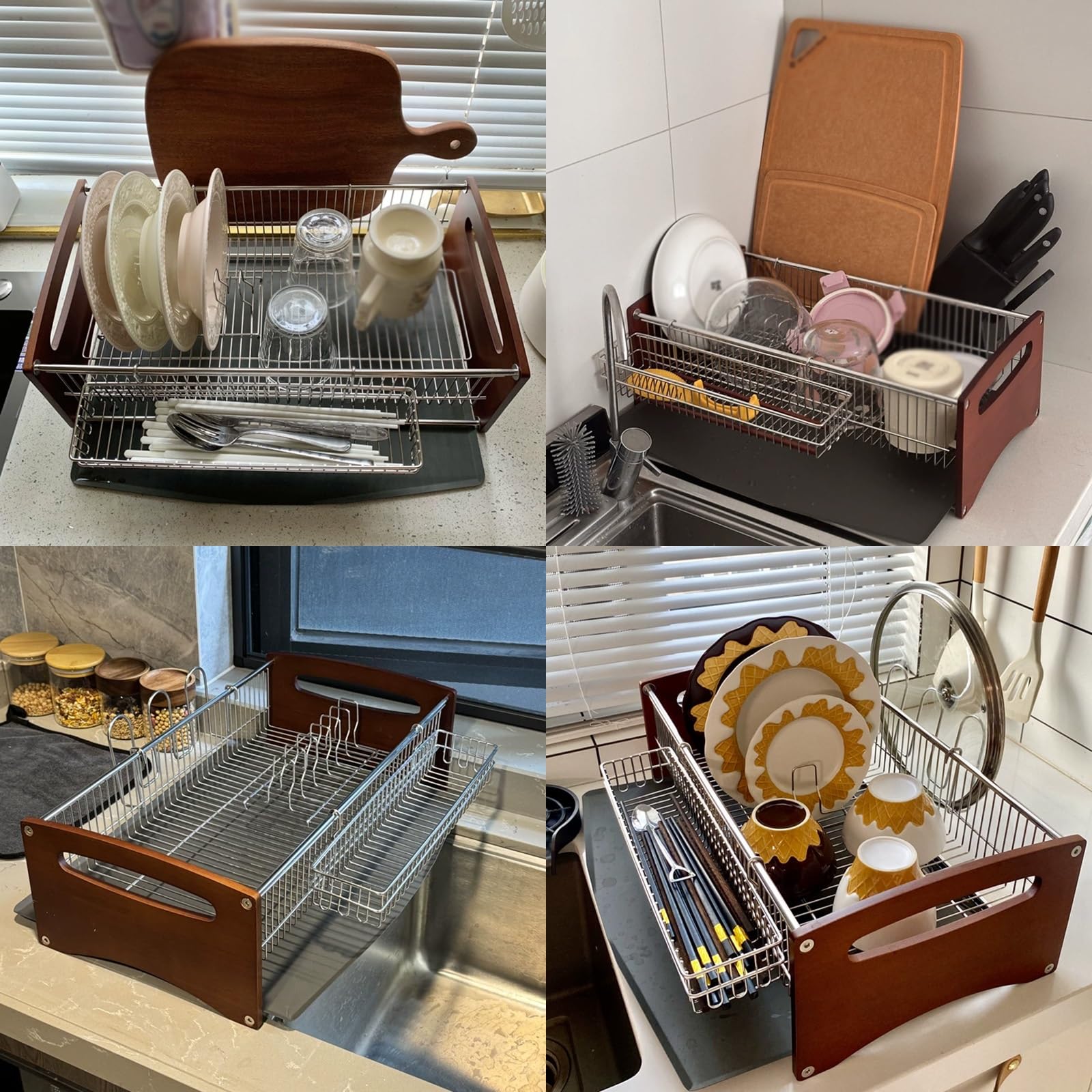 Escurridor de Platos, Escurreplatos sobre Fregadero de Acero Inoxidable 304 con Paneles Laterales de Madera de Caucho y Bandeja de Goteo Pintada