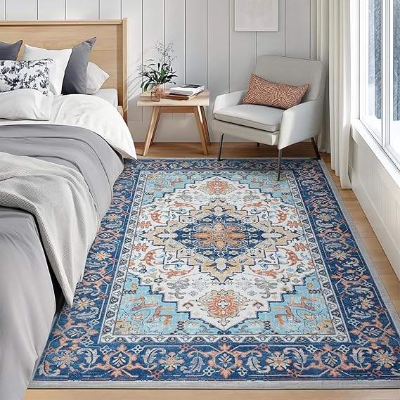 Lofus 3x5 Area Rugs for Living Room, Machine Washable Area Rug, Soft Small Rugs for Bedroom, Kitchen, Office and Indoor, Vintage Boho Carpet, Non-Slip Low Pile Carpets, Floral Blue