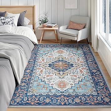 Lofus 3x5 Area Rugs for Living Room, Machine Washable Area Rug, Soft Small Rugs for Bedroom, Kitchen, Office and Indoor, Vintage Boho Carpet, Non-Slip Low Pile Carpets, Floral Blue