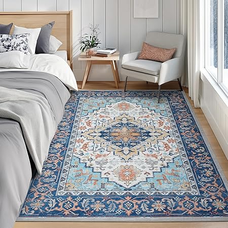 Lofus 3x5 Area Rugs for Living Room, Machine Washable Area Rug, Soft Small Rugs for Bedroom, Kitchen, Office and Indoor, Vintage Boho Carpet, Non-Slip Low Pile Carpets, Floral Blue