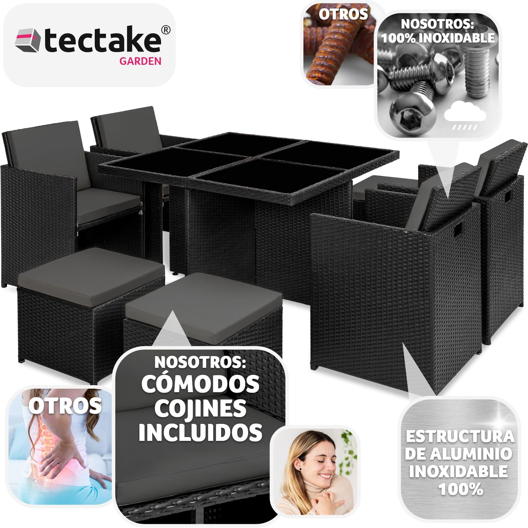 tectake® Conjunto Jardín Exterior de Ratán y Aluminio, Muebles Jardín Exterior Resistentes a la Intemperie, para hasta 8 Personas, con 2 Juegos de Fundas y Funda Protectora - Negro