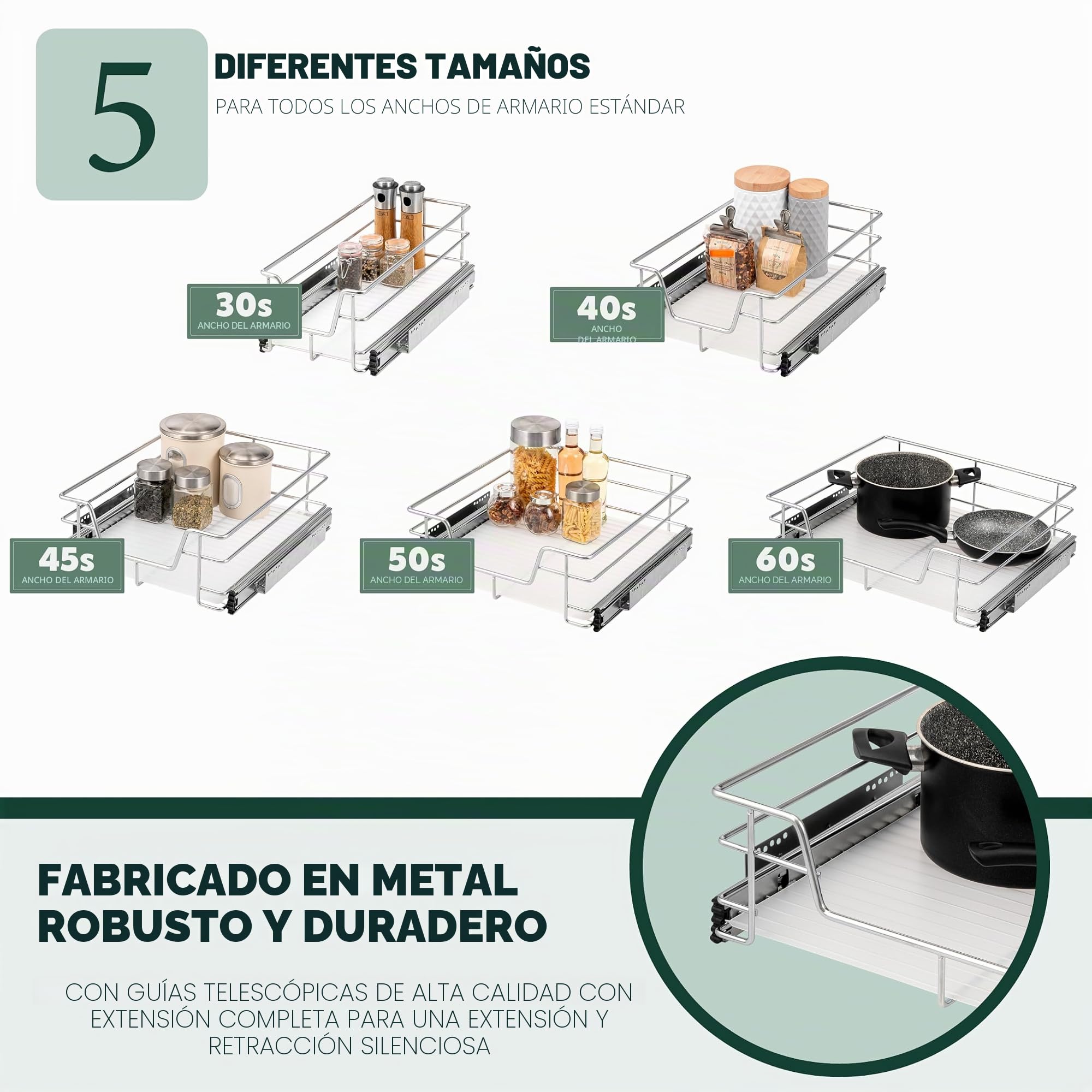 Bremermann - Cajones telescópicos de 45 cm con estante, cajón de cocina, extensión completa, con rieles telescópicos, ideales para cocina, baño y dormitorio, en