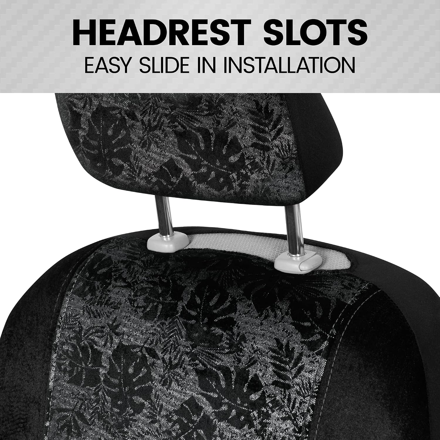 BDK Black Maui Car Seat Covers for Front Seats, 2 Pack – Tropical Pattern Front Seat Cover Set with Matching Headrest, Sideless Design for Easy Installation, Fits Most Car Truck Van and SUV