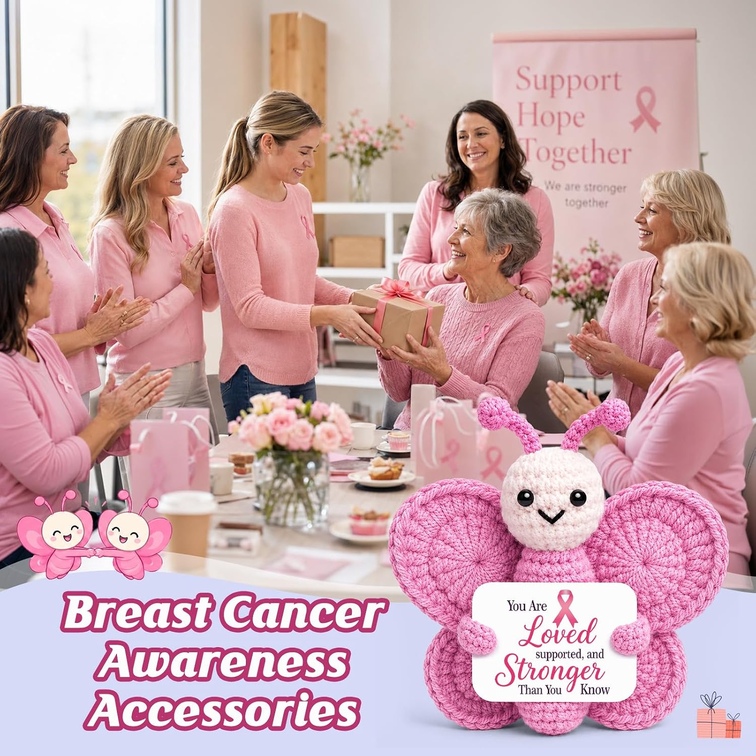 Breast Cancer Gifts for Women Survivor, Breast Cancer Awareness Accessories Mastectomy Gifts Hanmade Crochet Pink Butterfly as Pink Ribbon Gift, Get Well Recover Encouragement Gift for Women