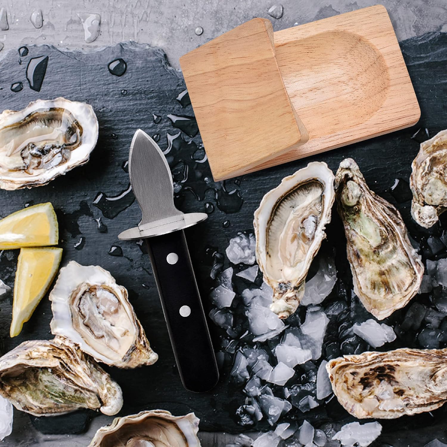 Oyster Knife Shucker Set Oyster Shucking Knife with Wooden holder Oyster Shucking Clamp Seafood Tools (Black)