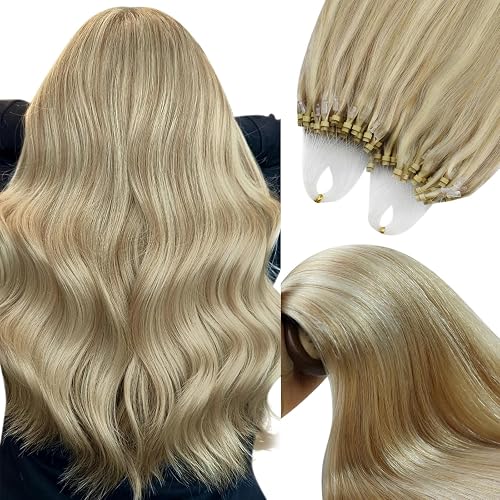 YoungSee Micro Bead Hair Extensions Real Human Hair Blonde Microlink Hair Extensions Highlight Ash Blonde with Medium Blond Bead Hair Extension 14In Micro Ring Hair Extension 57g 50s Remy Hair