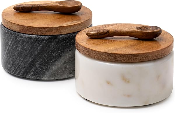Cork & Mill Marble Salt and Pepper Bowls - Set of 2 Handcrafted White/Grey Solid Marble Salt and Pepper Cellars with Lid