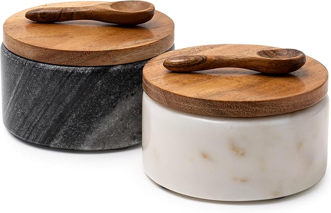 Cork & Mill Marble Salt and Pepper Bowls - Set of 2 Handcrafted White/Grey Solid Marble Salt and Pepper Cellars with Lids and Spoons - Elegant Containers for Countertop or Table