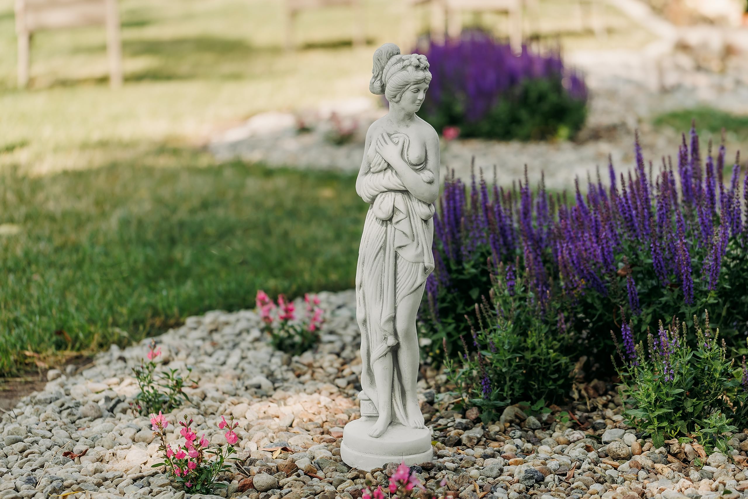gartendekoparadies.de Statue der Pandora auf Rundem Sockel, Steinfigur, Grau, Frostsicher aus Steinguss, H. 73 cm, 12 kg für Außenbereich
