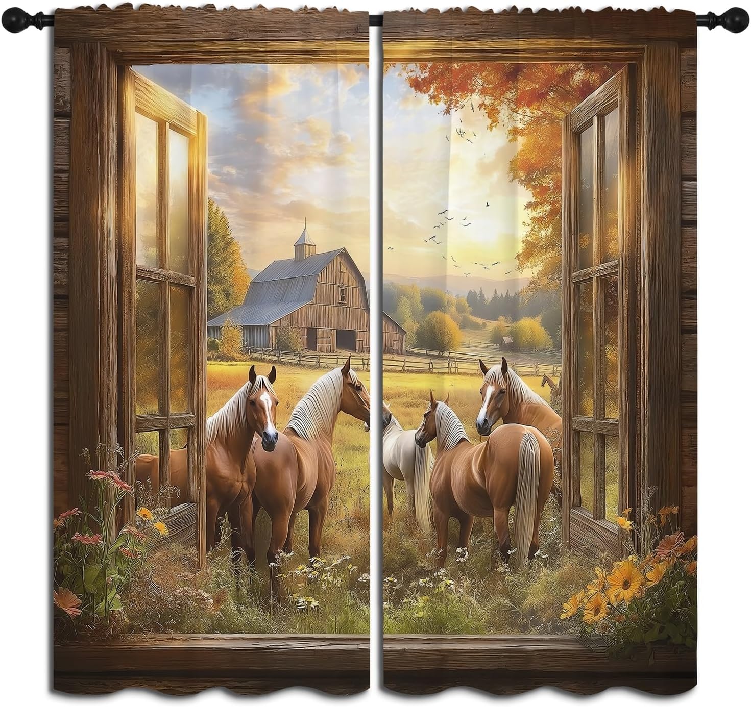 Western Horse Boy Girls Blackout Curtains,Country Barn Farm Wildlife Animal Rustic Sunset Scenery, 2 Panel Rod Pocket Thermal Insulated Drapes for Bedroom, Living, Kids Teen Room Deco 42x63 inch