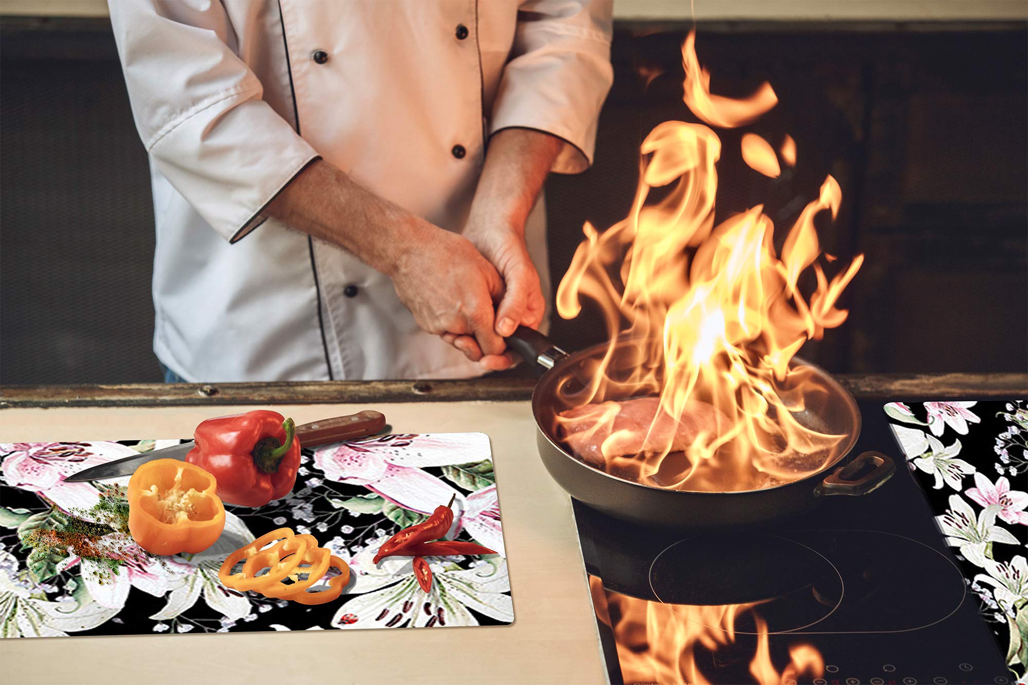 Planche de cuisine en VERRE trempé – Planche à découper en verre – Couvre-plaques de cuisson – UNE PIÈCE (60x52 cm) ou DEUX PIÈCES (30x52 cm chacune) ;D06 Série Fleurs
