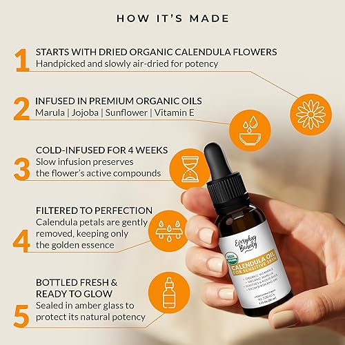 Miniatura 7 de Aceite de Caléndula Orgánico Para Piel Sensible - Certificado USDA 100% Natural a Base de Plantas, Ligero y Sin Fragancia, Aceite Suave Calmante