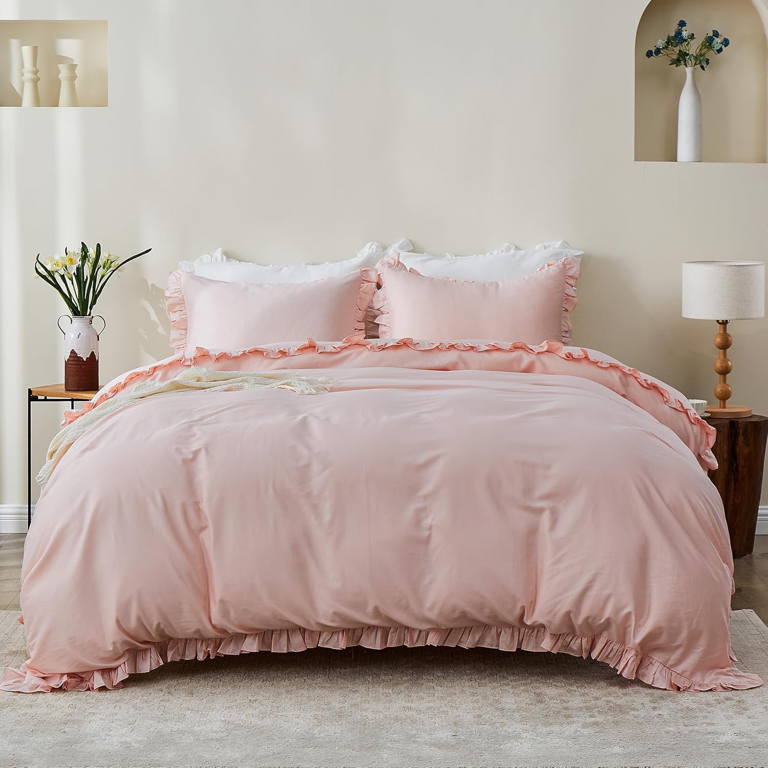 Simple&Opulence Kids 100% Organic Cotton Twin Duvet Cover Ruffle 2Pcs(1 Comforter Cover 1 Pillowcase) Cute Lace Vintage Boho Shabby Chic Farmhouse Bedding Set Teen Girls(Peach Pink,Twin)