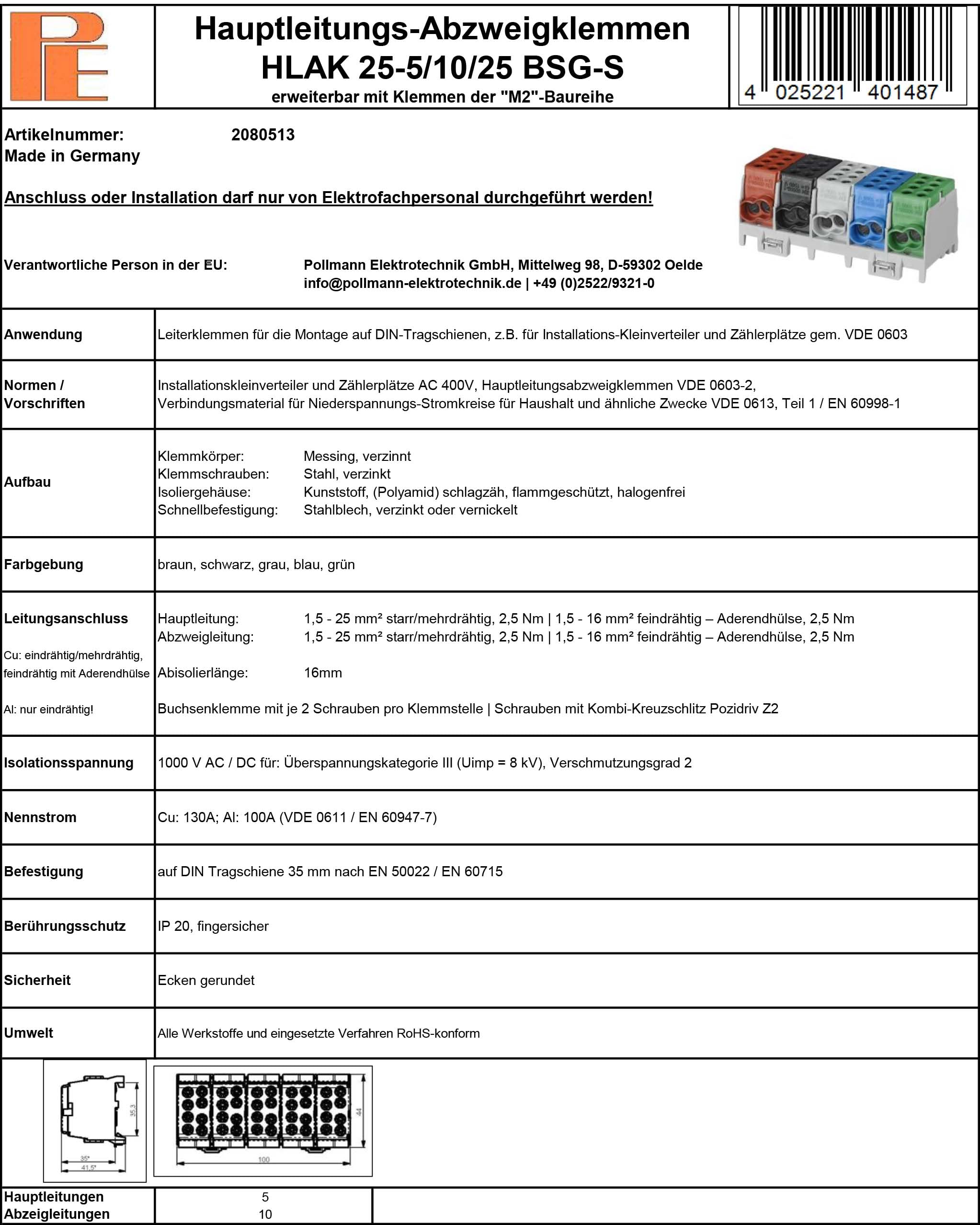 Pollmann HLAK 25-5/10/25 BSG-S, 1 pieza