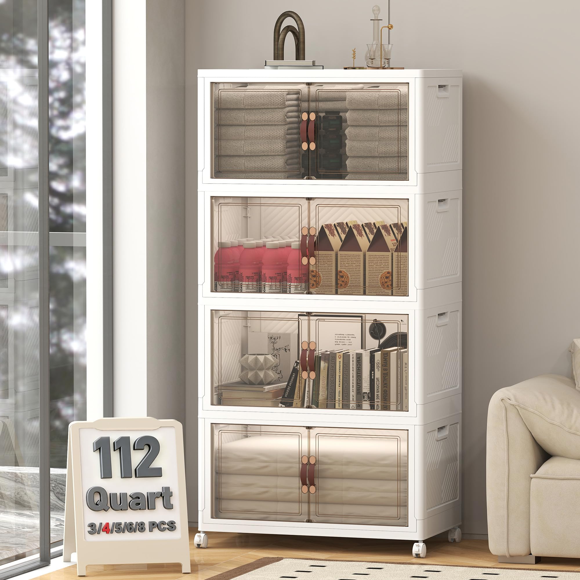 448QT Lockable Storage Bins with Lids - Stackable Storage Cabinet with Doors and Wheels, Collapsible Plastic Organizer and Containers for Bedroom Dorm Office Garage, 4 Pack Cubes | Stackable Organizer with Doors &amp; Wheels, Foldable Containers for Bedroom, Dorm, Office &amp; Garage Storage