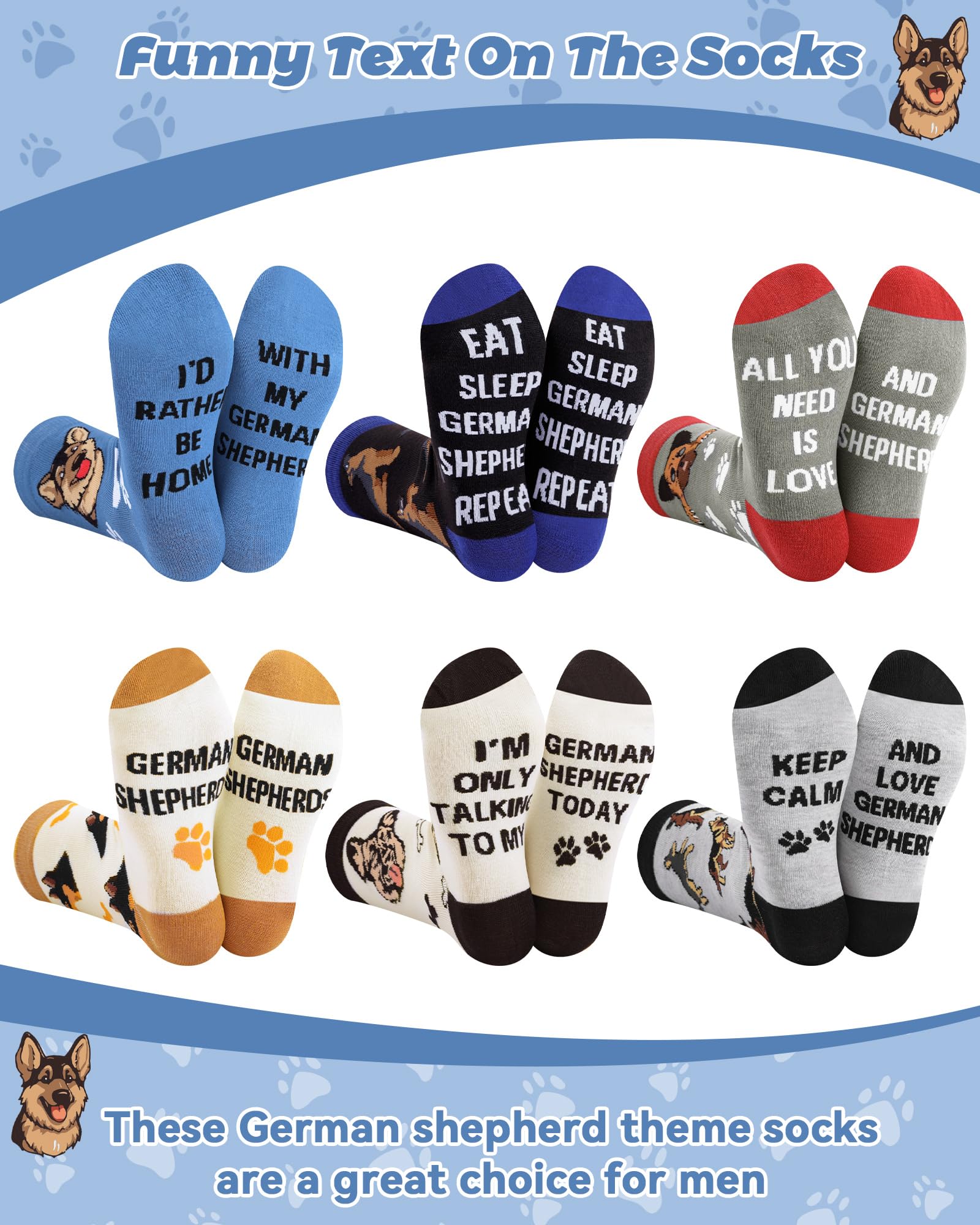 Cuffbow 6 Pairs German Australian Shepherd Socks for Men Funny Cotton Dog Crew Socks Shepherd Dog Lovers Gifts