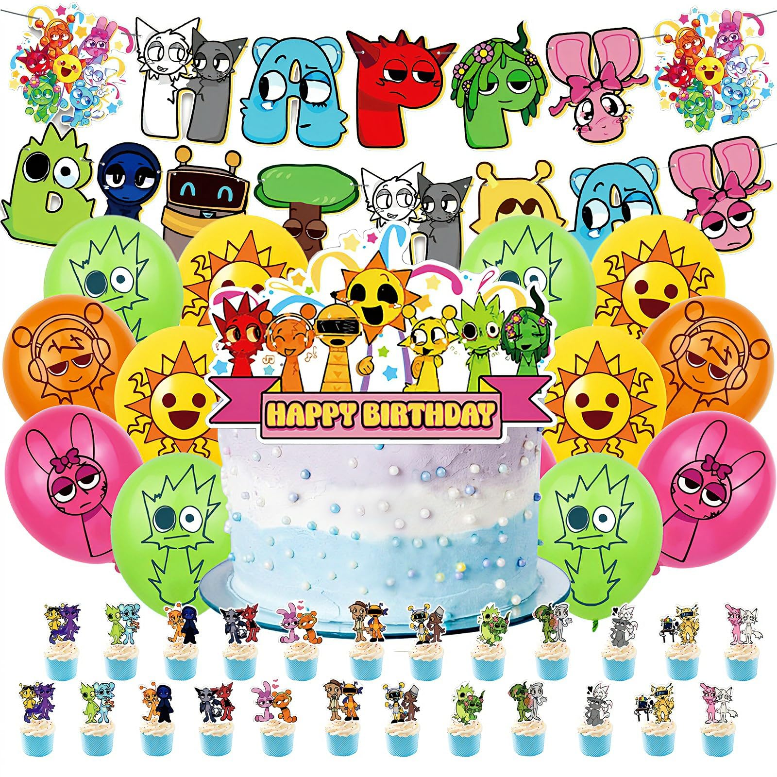 46PCS Cartoon Birthday Party Decorations, Party Supplies Include Birthday Banner Cupcake Toppers Latex Balloons Cake Topper Kids Boys Girls