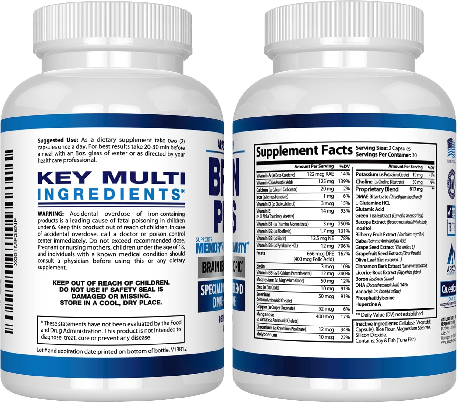Premium Brain Function Supplement – Memory, Focus, Clarity – Nootropic Booster with DMAE, Bacopa Monnieri, L-Glutamine, Multi Vitamins, Multi Minerals - Arazo Nutrition