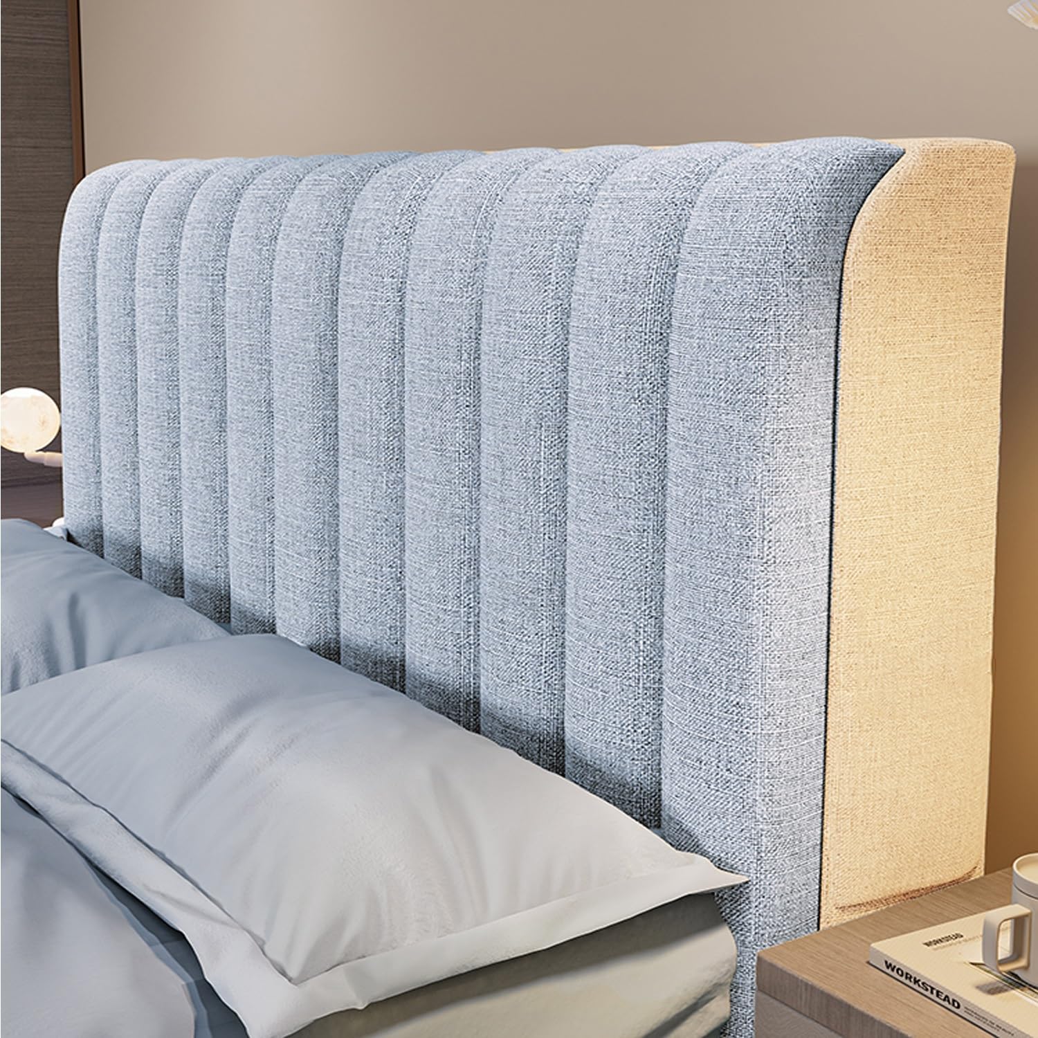 AYUOEODM Cotton Linen Headboard Cover Padded,Stretch Headboard Slipcover Universal,Thicken Quilted Dustproof Headboard Protector,For Single/double/king Size Bed Bedroom Décor(Blue,220cm)
