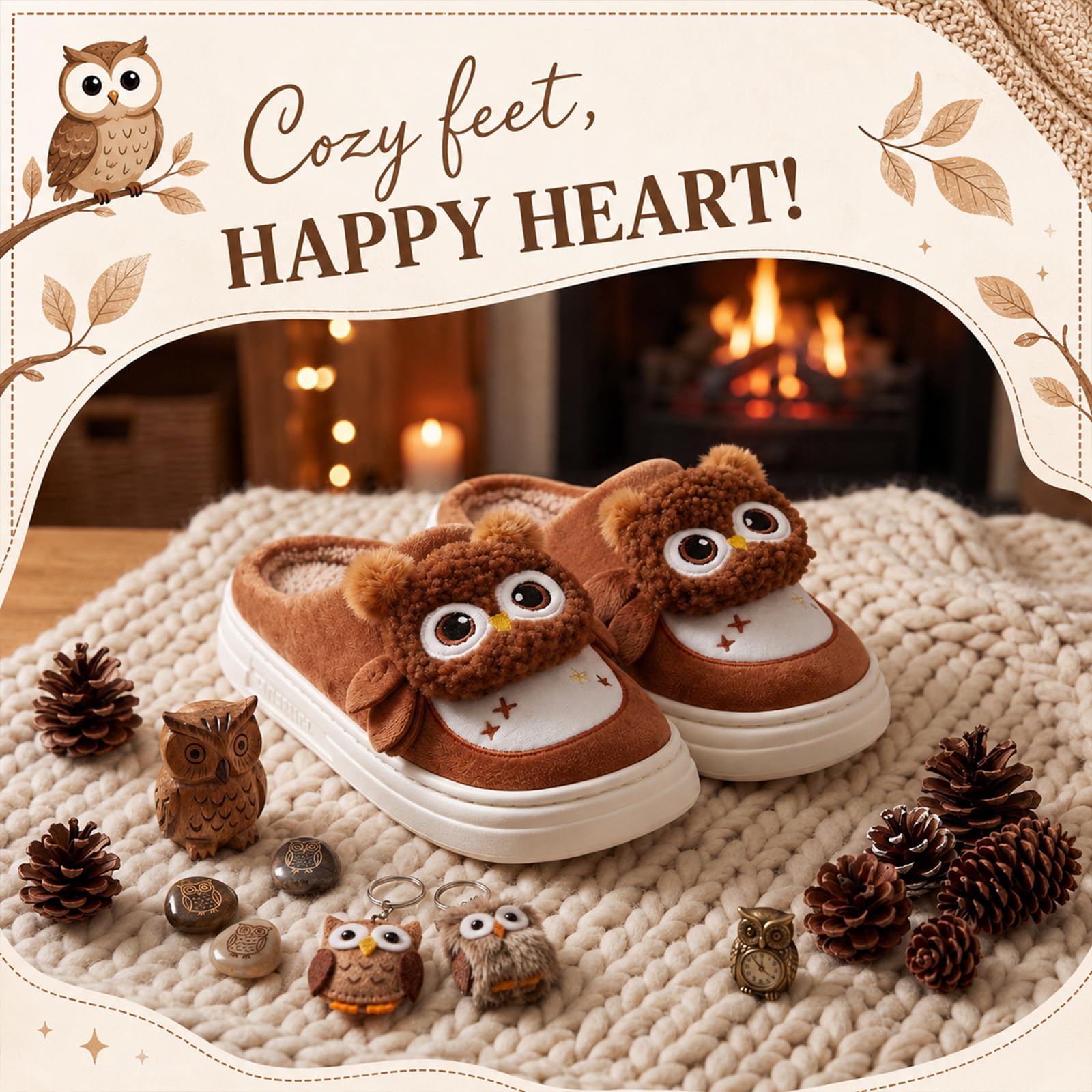 BBTO Set de Chaussons Chaussettes Hibou Idée Cadeau Femme Noël Soirée Pyjama Hiver Chaussons Chauds Antidérapants Doux Confortables pour Intérieur Extérieur(38-39)