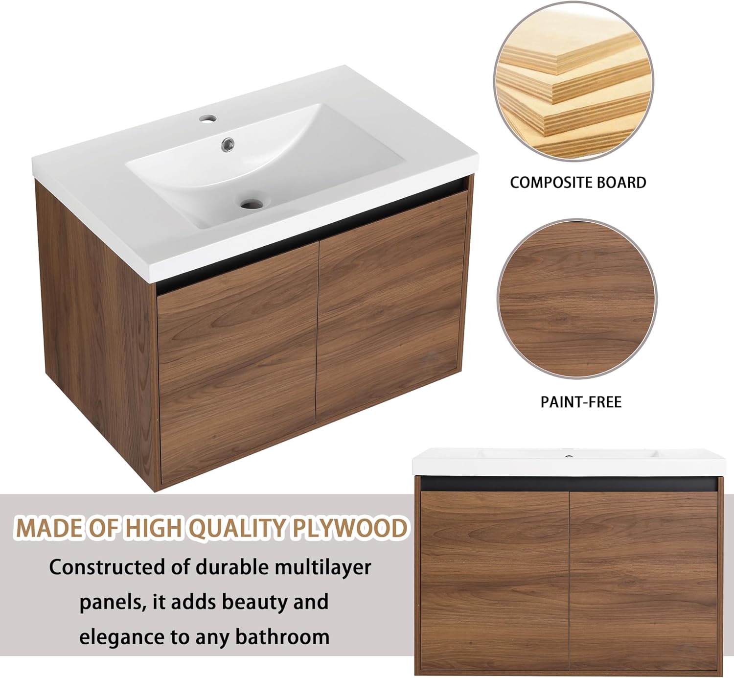 30" Floating Bathroom Vanity,30 Inch Bathroom Vanity with Sink,Single Sink Wall Mounted Vanity Combo,Dark Brown Wall Mounted Cabinet Set