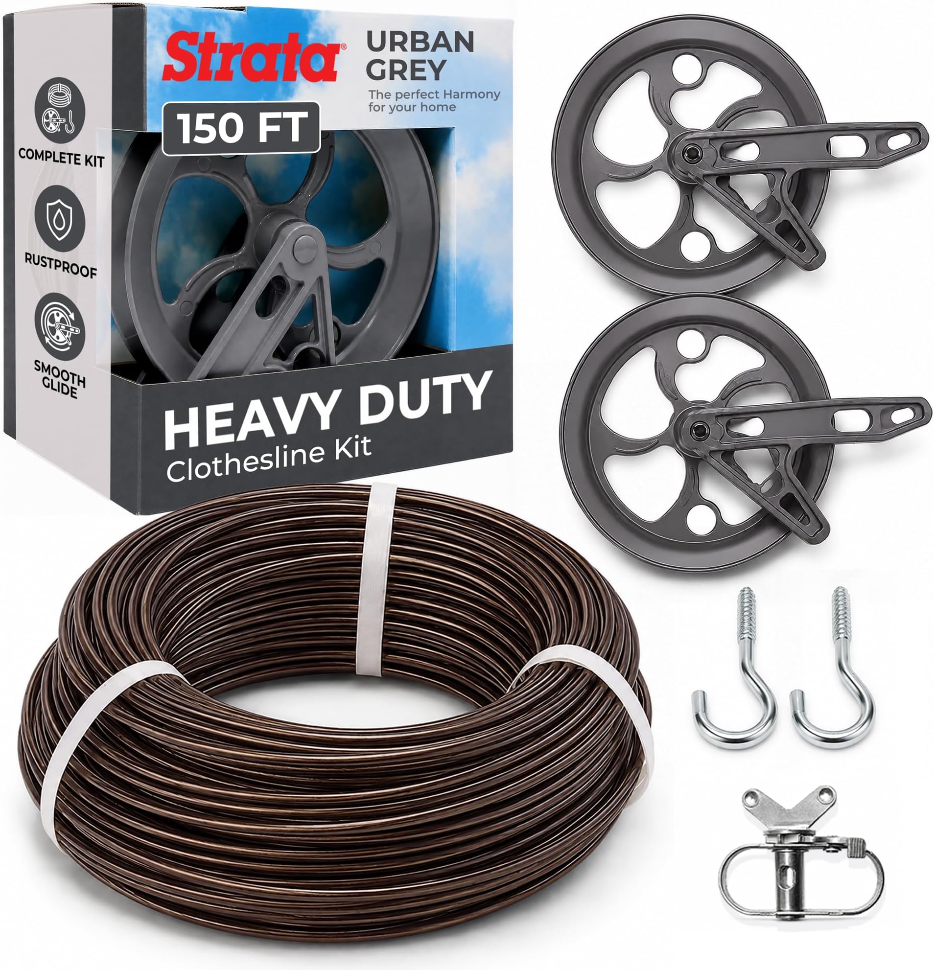 STRATA Heavy-Duty Clothesline Kit, 150 ft Steel Cable, Urban Grey