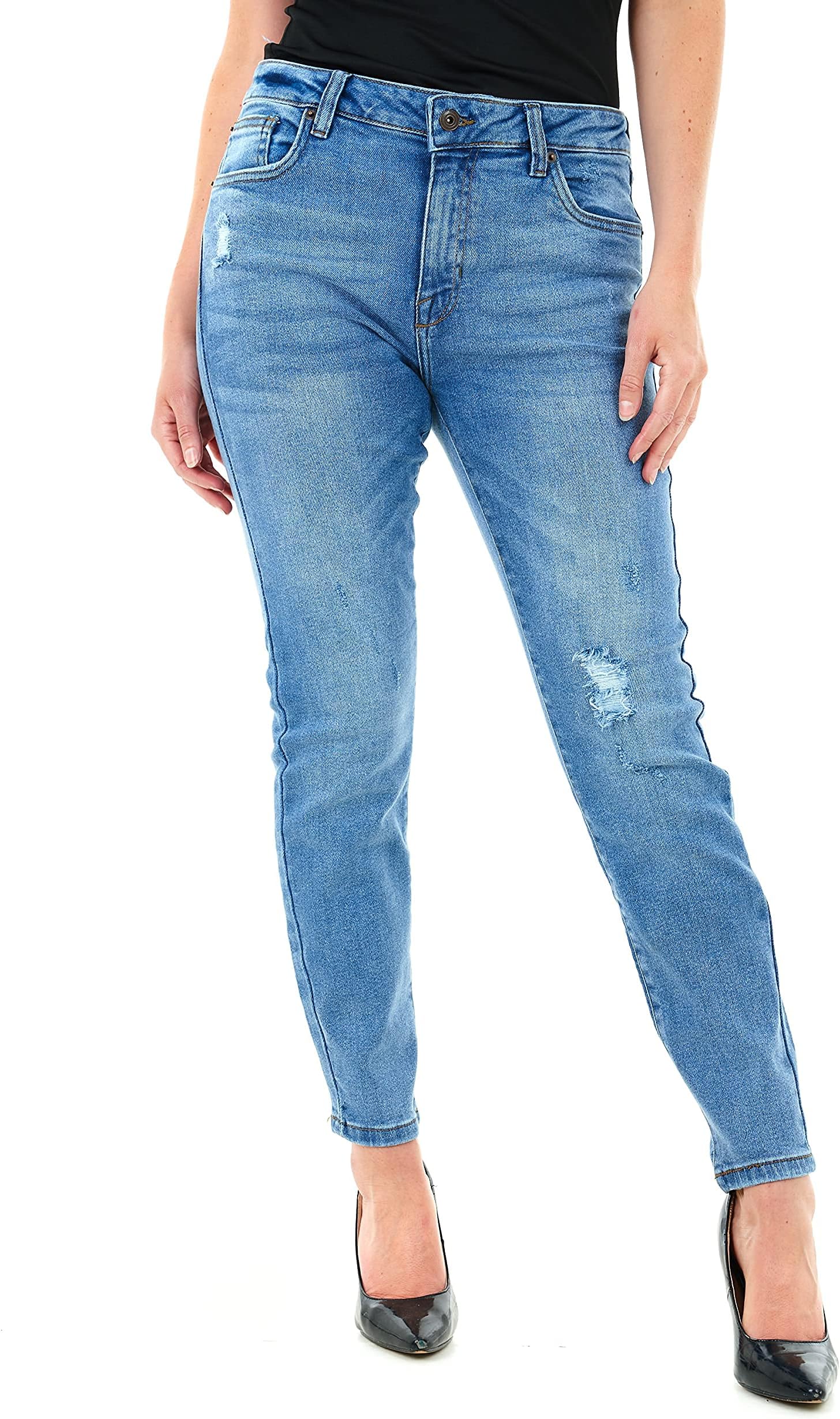 M17Womens Knee Ripped Denim Skinny Fit Classic Casual Cotton Stretch Trousers with Pockets