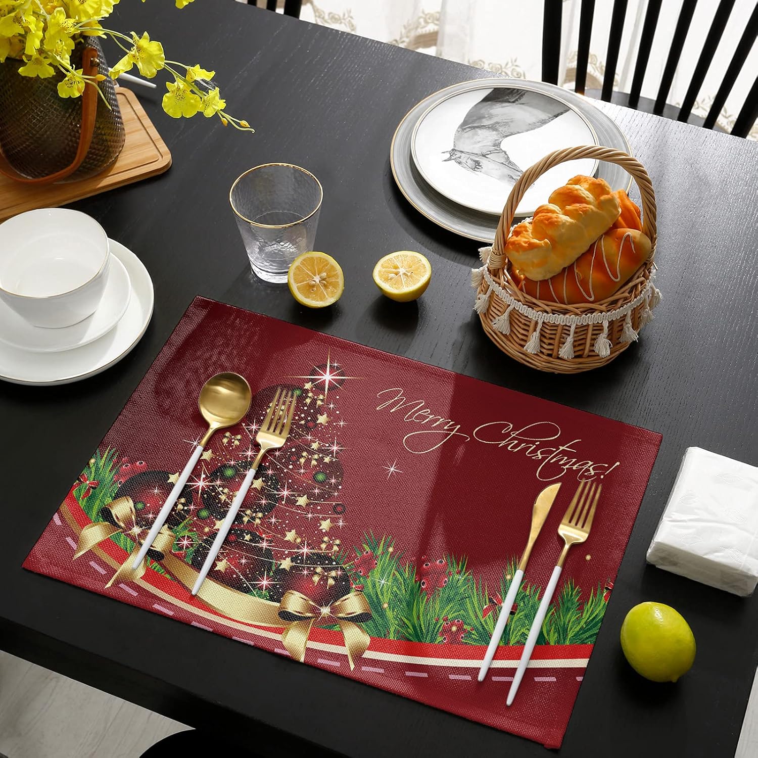 Christmas Tree Placemats Set of 6 Red Gold Indoor Place Mats for Kitchen, Pine Tree Washable Dining Table Mats Xmas Glitter Balls Merry Christmas Non-Slip Table Setting Decor for Holiday Party