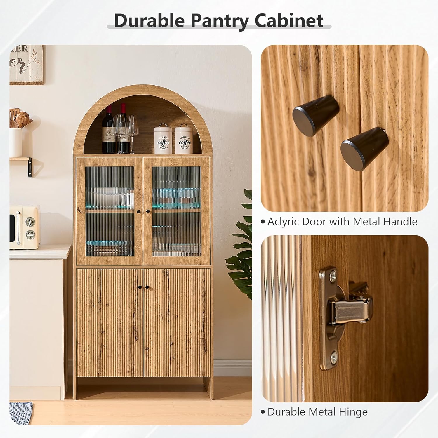 Hommoo Arched Kitchen Pantry Cabinet Tall Wood Storage Cabinets with Doors and Adjustable Shelves Utility Hutch Cabinet Freestanding Kitchen Cupboard for Dining Room Living Room Natural Wood