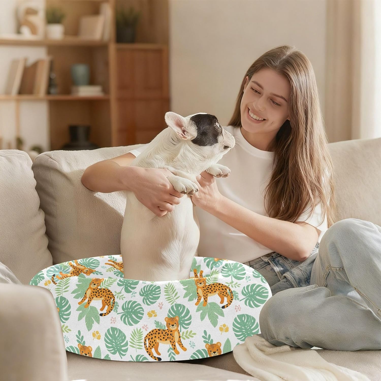 Leopard Cute Leaves Pattern Dog Bed Donut Small Dog Beds Washable Cat Pet Bed Cozy Puppy Beds for Small Medium Dogs Cats,M