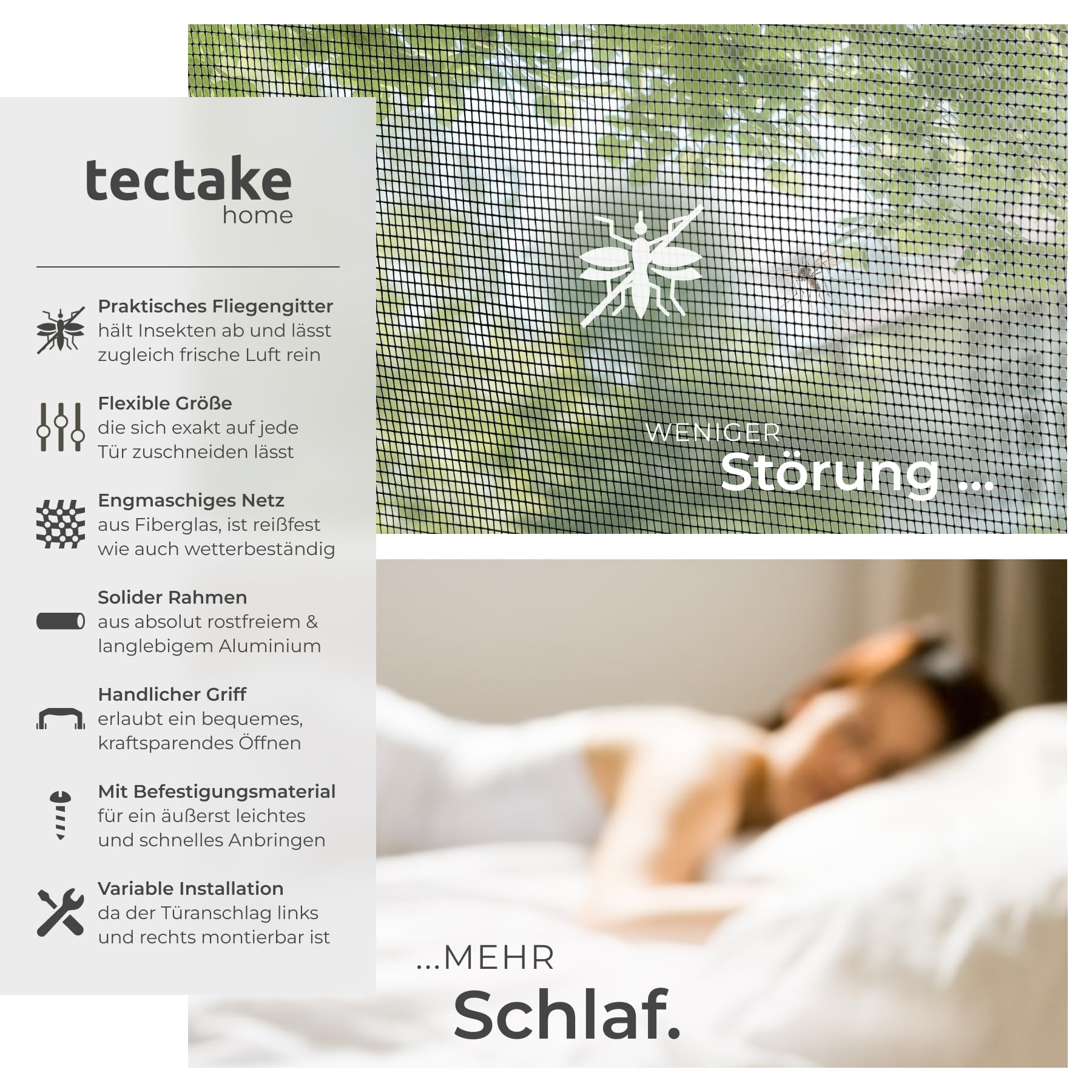 tectake® Insektenschutztür, Fliegengitter mit Aluminium Rahmen, zuschneidbarer Insektenschutz für Türen, Fliegengitter Tür, Fliegengitter Balkontür, Fliegenvorhang Terrassentür - weiß, 210x95 cm