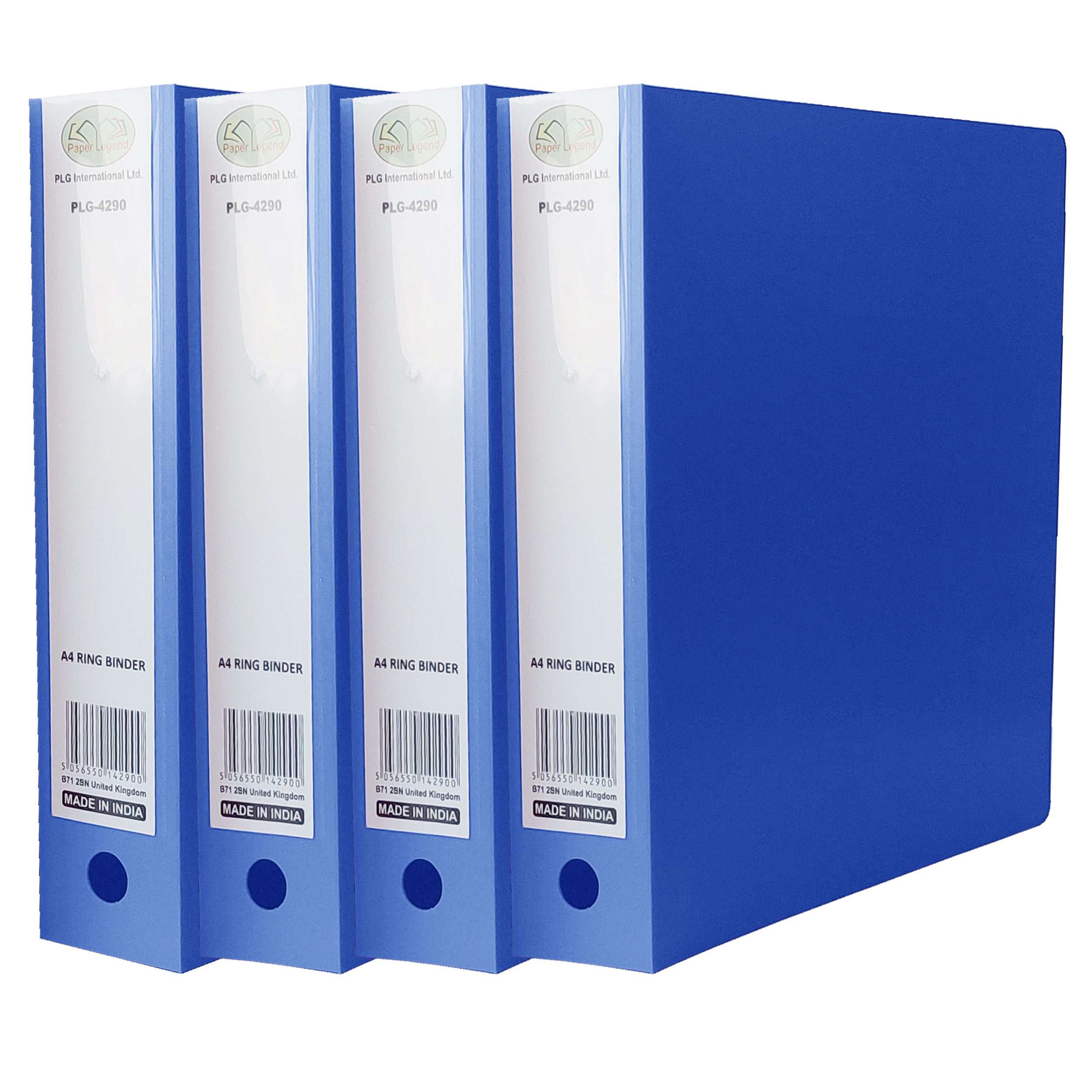 FotoStation Pack of 4 - Ring Binder A4 Blue Heavy Duty Polypropylene File Folder 2-O Metal Rings - Pull Finger Hole Ring Binders A4 Size 65mm Spine Label Ring Binder Document Organiser