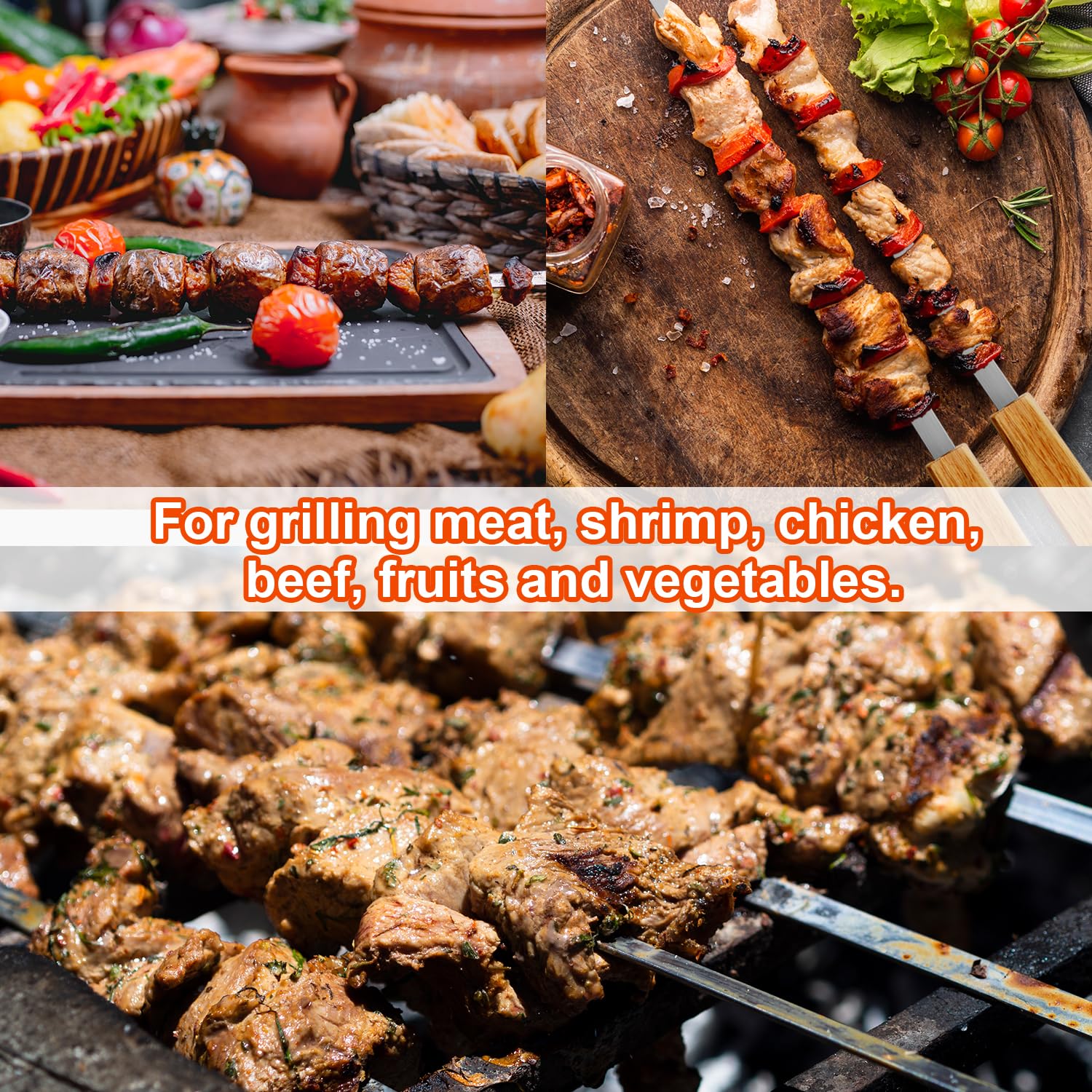 SHIKORI Pinchos de Kabob, pinchos para barbacoa, palos de acero inoxidable, 23 pulgadas, resistentes, grandes, anchos, reutilizables, con madera antideslizante, 12 piezas