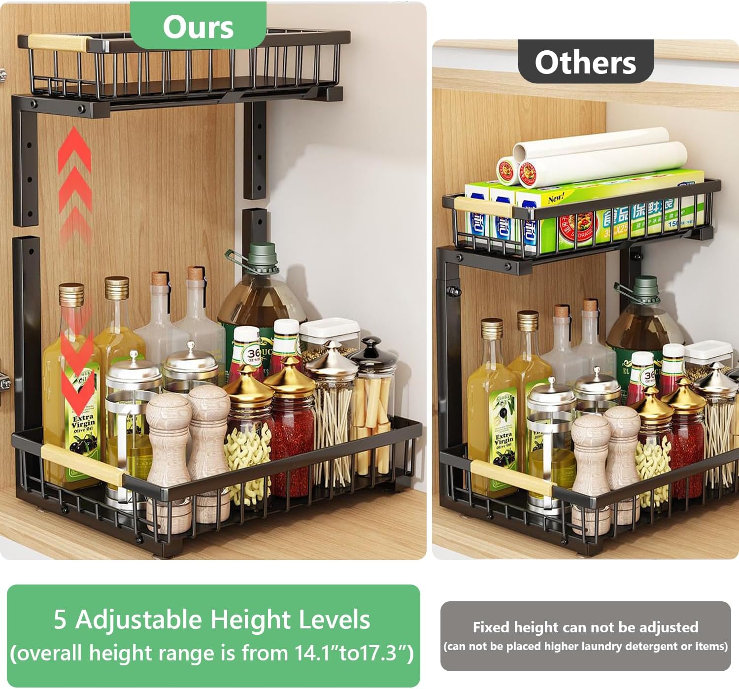 Merrylun Under Sink Organizers,5 Adjustable Height，Metal Pull Out Under Sink Organizers and Storage Shelves with Sliding Drawer, Black, 2 Pack（Hight 13.6″-16.9″）