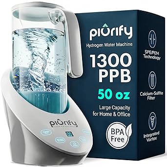 PIURIFY 3 in 1 Hydrogen Water Machine Hydrogen Water Generator + Vortex Structured Water + Calcium Sulfite Filter | SPE/PEM Hydrogen Water Pitcher with Magnetic Water | BPA-Free Tritan | 50 OZ