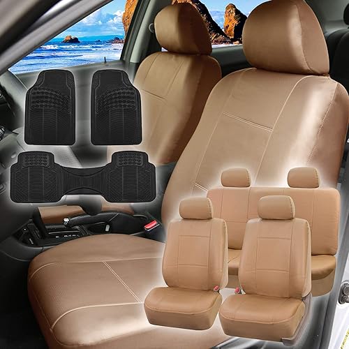 FH Group PU001114 + F11306 - Juego completo de fundas de asiento de piel sintética (beige) - Ajuste universal para automóviles, camiones y SUV