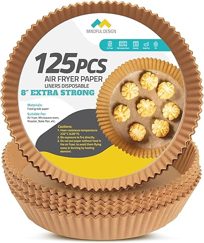 Mindful Design Forros de Papel para Freidora de Aire, 125 Piezas, Papel Pergamino, Forro Desechable para Freidora de Aire para Microondas, Redondo