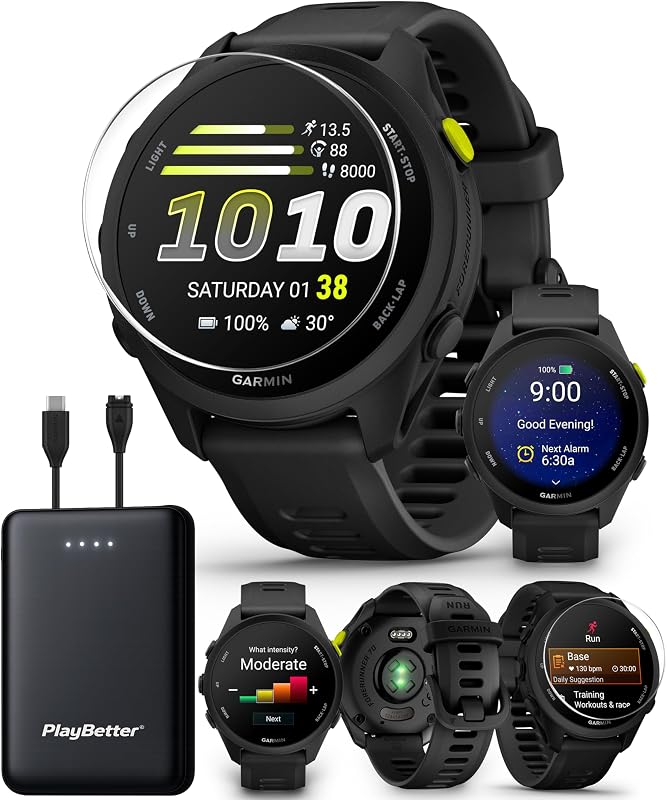 Garmin Forerunner 70 (Black) GPS Running Watch PlayBetter Bundle | Entry-Level, Vibrant AMOLED Touchscreen, 13-Day Battery | Includes 5000mAh Portable Charger & HD Screen Protectors