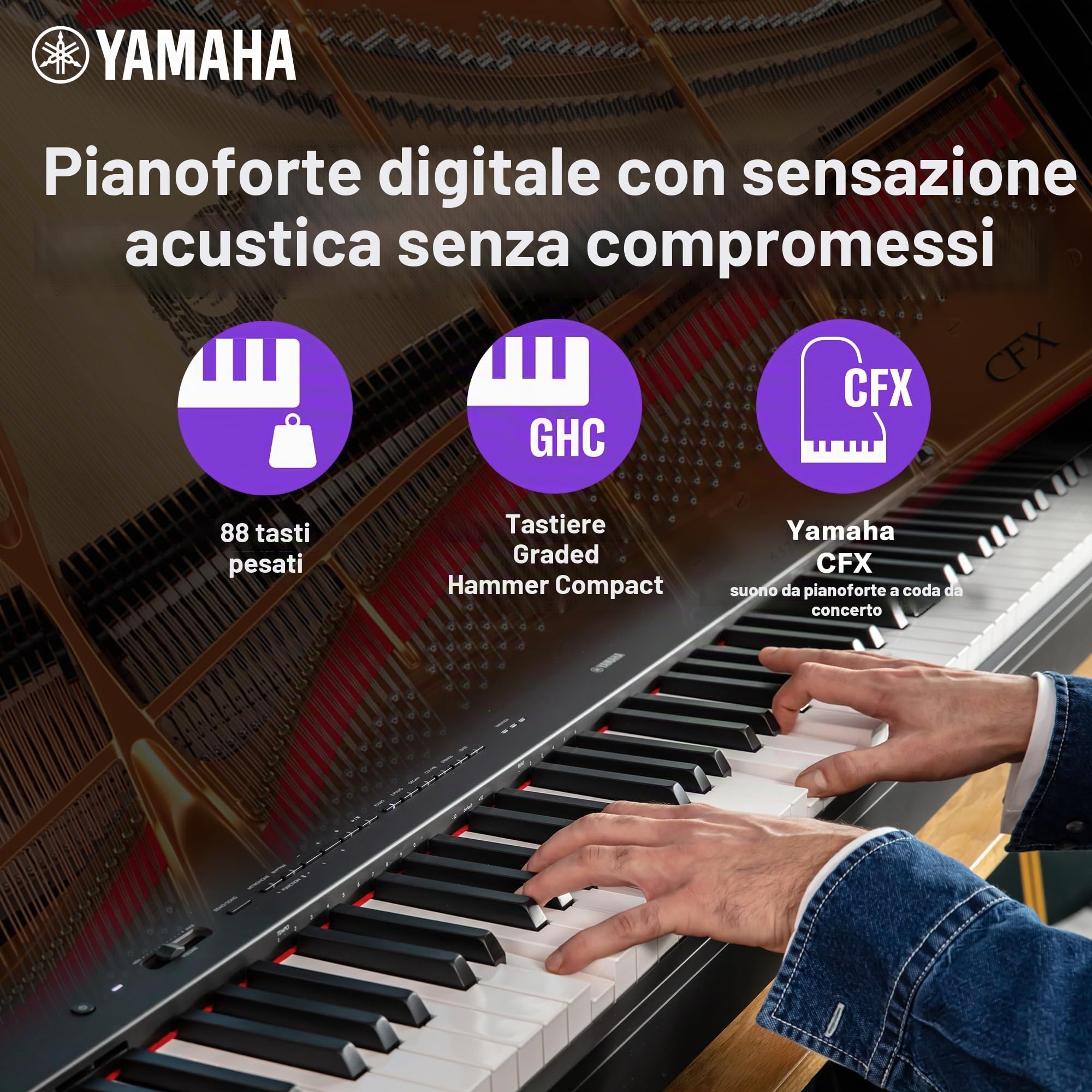 Yamaha Pianoforte digitale P-225 con 88 tasti compatti a martello graduato e 24 voci strumentali, leggero e portatile, nero