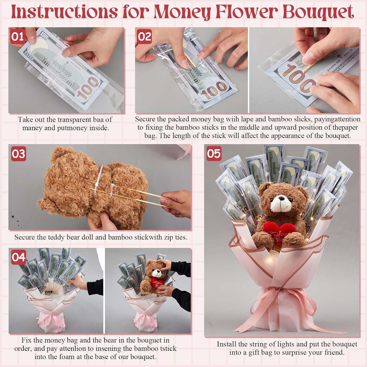 Mimorou Valentine's Day Money Bouquet Kit, DIY Money Flower Bouquet with Bear Wrapping Paper, Artificial Flower Gift for Valentine's Mother's Day, Anniversary, Engagement(Heart Bear,Pink Gold) - Image 5
