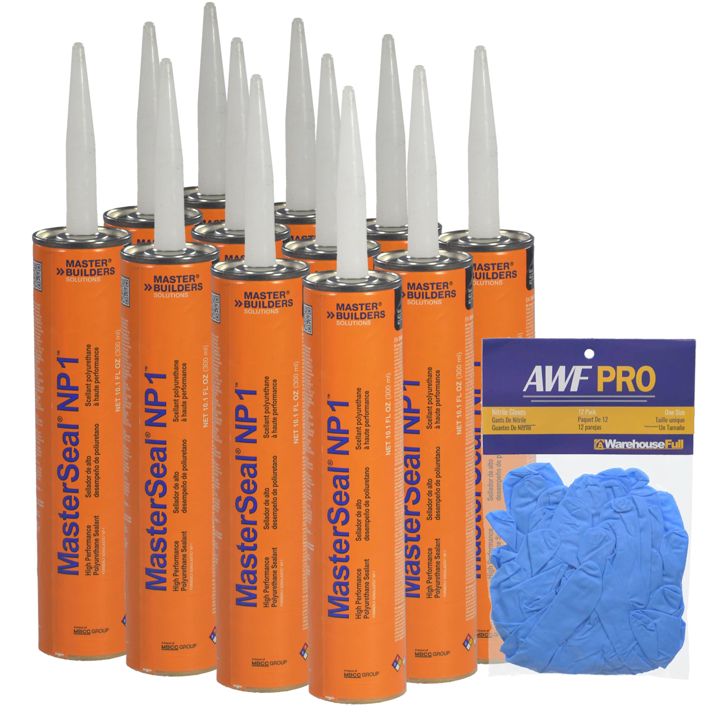 MasterSeal NP1 Black 10.1oz Polyurethane Sealant- Pack of 12 with AWF PRO Gloves. One Component, Flexible, Non Sag, Elastomeric Acoustic Sealant